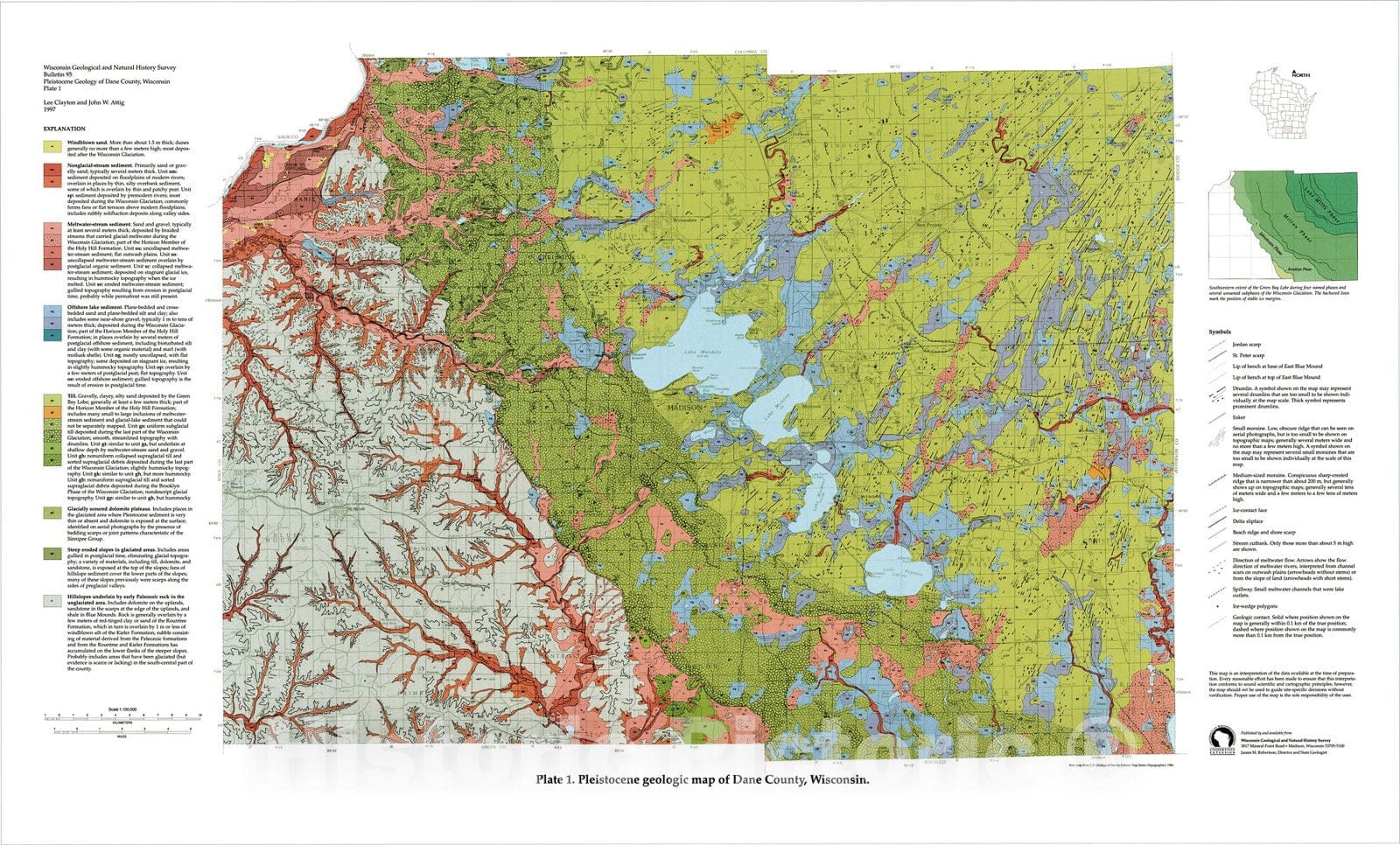 Map : Pleistocene Geology of Dane County, Wisconsin, 1997 Cartography Wall Art :