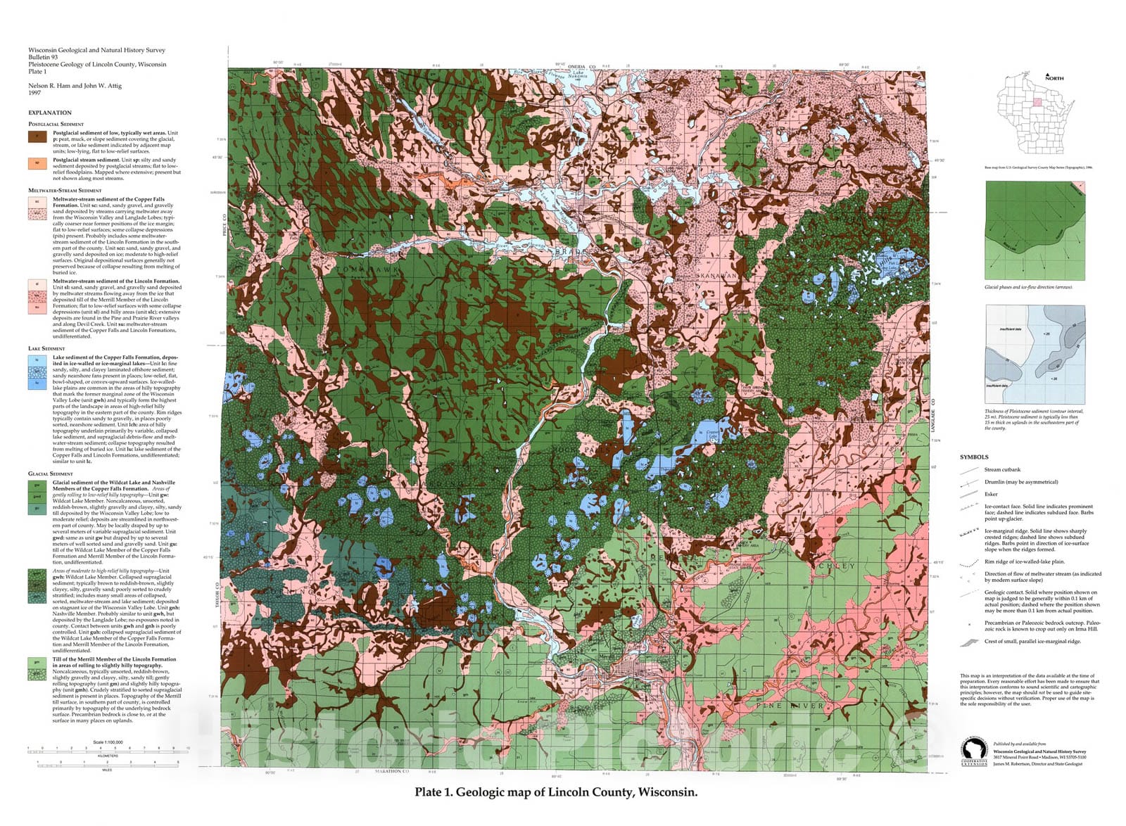 Map : Pleistocene Geology of Lincoln County, Wisconsin, 1997 Cartography Wall Art :
