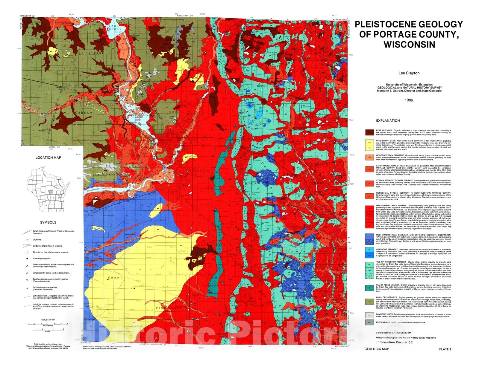 Map : Pleistocene Geology of Portage County, Wisconsin, 1986 Cartography Wall Art :
