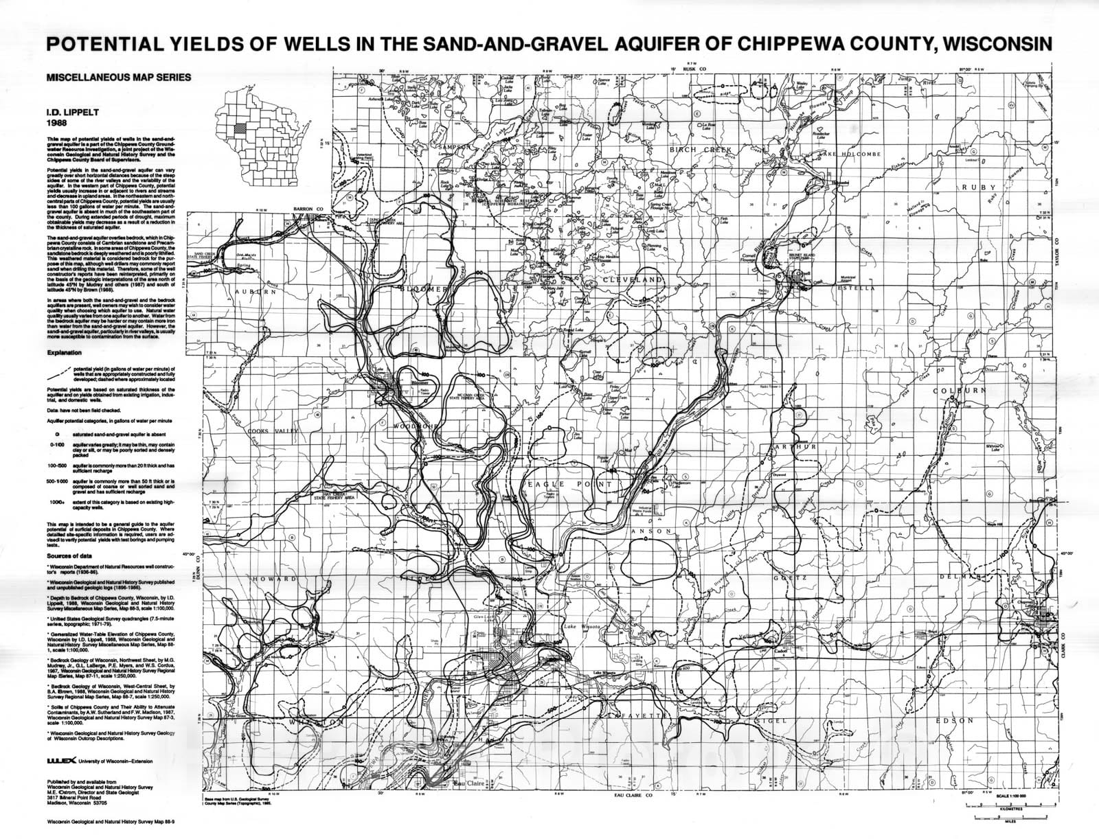 Map : Potential Yields of Wells in the Sand and Gravel Aquifer of Chippewa County, Wisconsin, 1988 Cartography Wall Art :