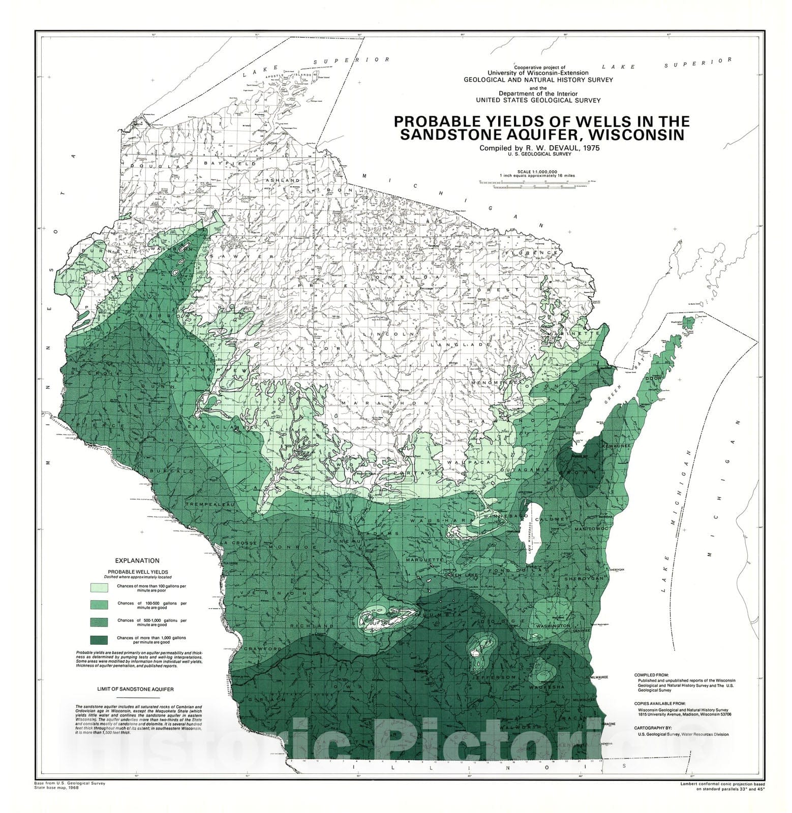 Map : Probable Yields of Wells in the Sandstone Aquifer, Wisconsin, 1975 Cartography Wall Art :