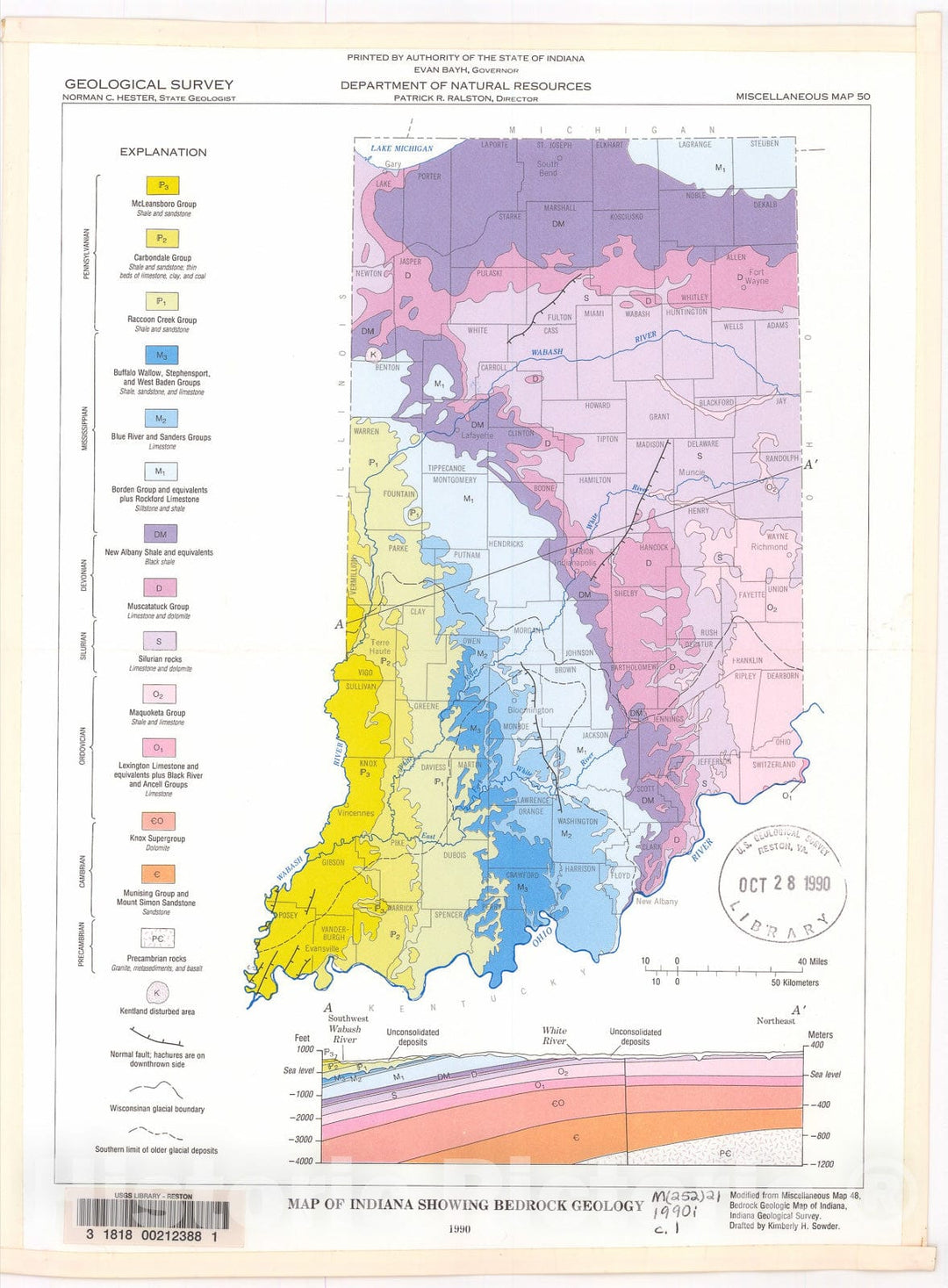 Map : Map of Indiana Showing Bedrock Geology, 1990 Cartography Wall Art :