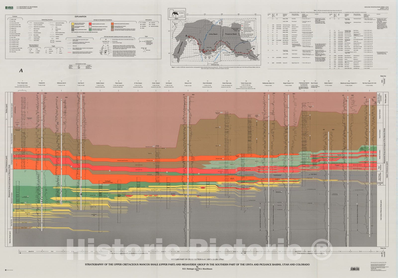 Map : Stratigraphy of the Upper Cretaceous Mancos Shale (upper part) and Mesaverde Group in the southern part of the Uinta and Piceance, 2002 Cartography Wall Art :