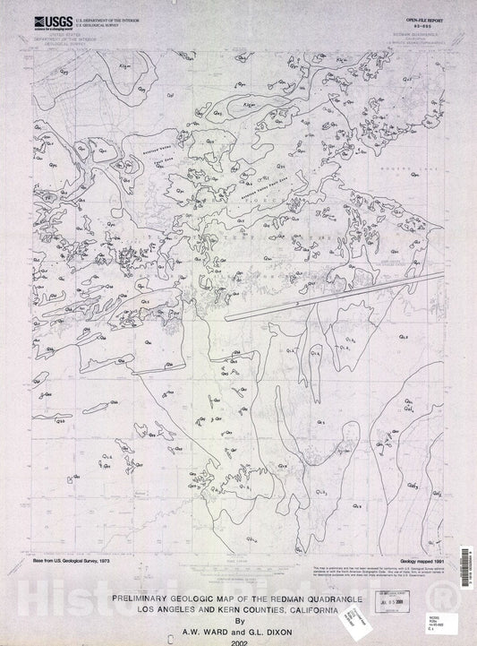 Map : Preliminary geologic map of the Redman quadrangle, Los Angeles and Kern Counties, California, 2002 Cartography Wall Art :