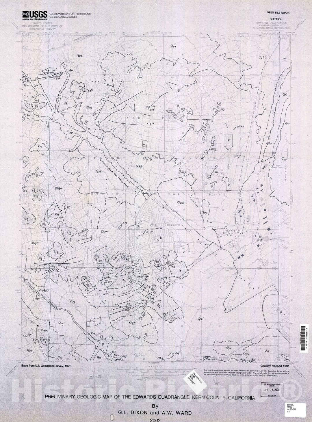 Map : Preliminary geologic map of the Edwards quadrangle, Kern County, California, 2002 Cartography Wall Art :