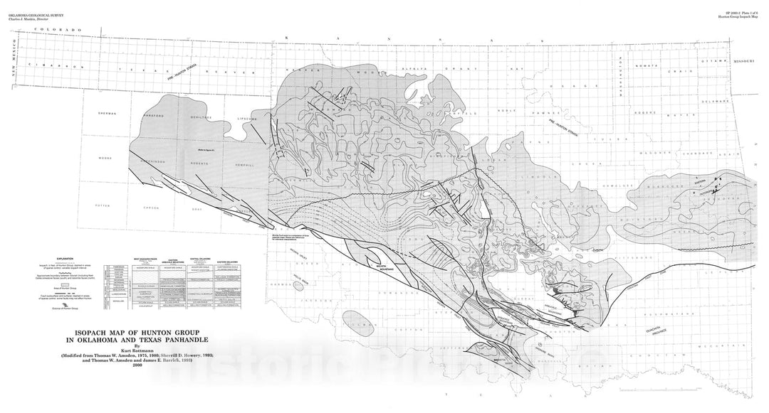 Map : Plate 1. Isopach map of Hunton Group in Oklahoma and Texas panhandle, 2000 Cartography Wall Art :