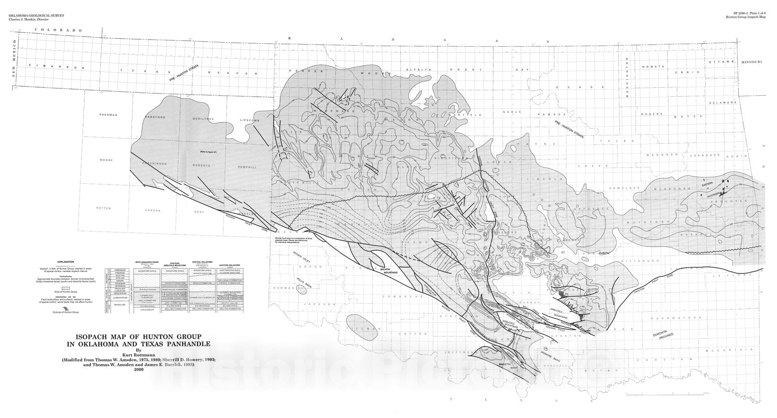 Map : Plate 1. Isopach map of Hunton Group in Oklahoma and Texas panhandle, 2000 Cartography Wall Art :