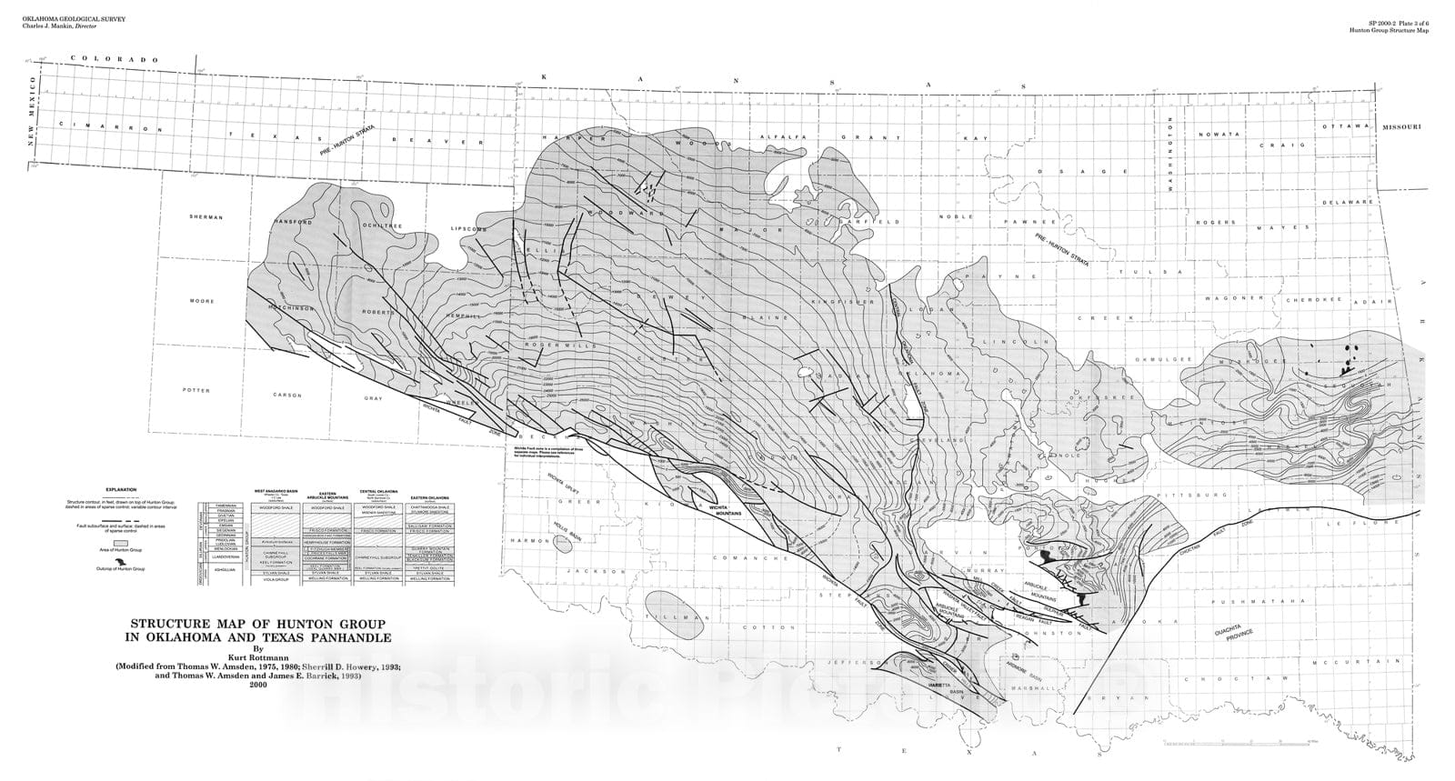Map : Plate 3. Structure map of Hunton Group in Oklahoma and Texas Panhandle, 2000 Cartography Wall Art :