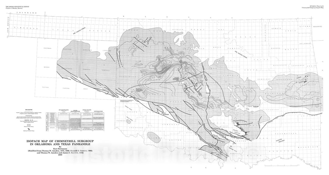 Map : Plate 5. Isopach map of Chimneyhill subgroup in Oklahoma and Texas Panhandle, 2000 Cartography Wall Art :