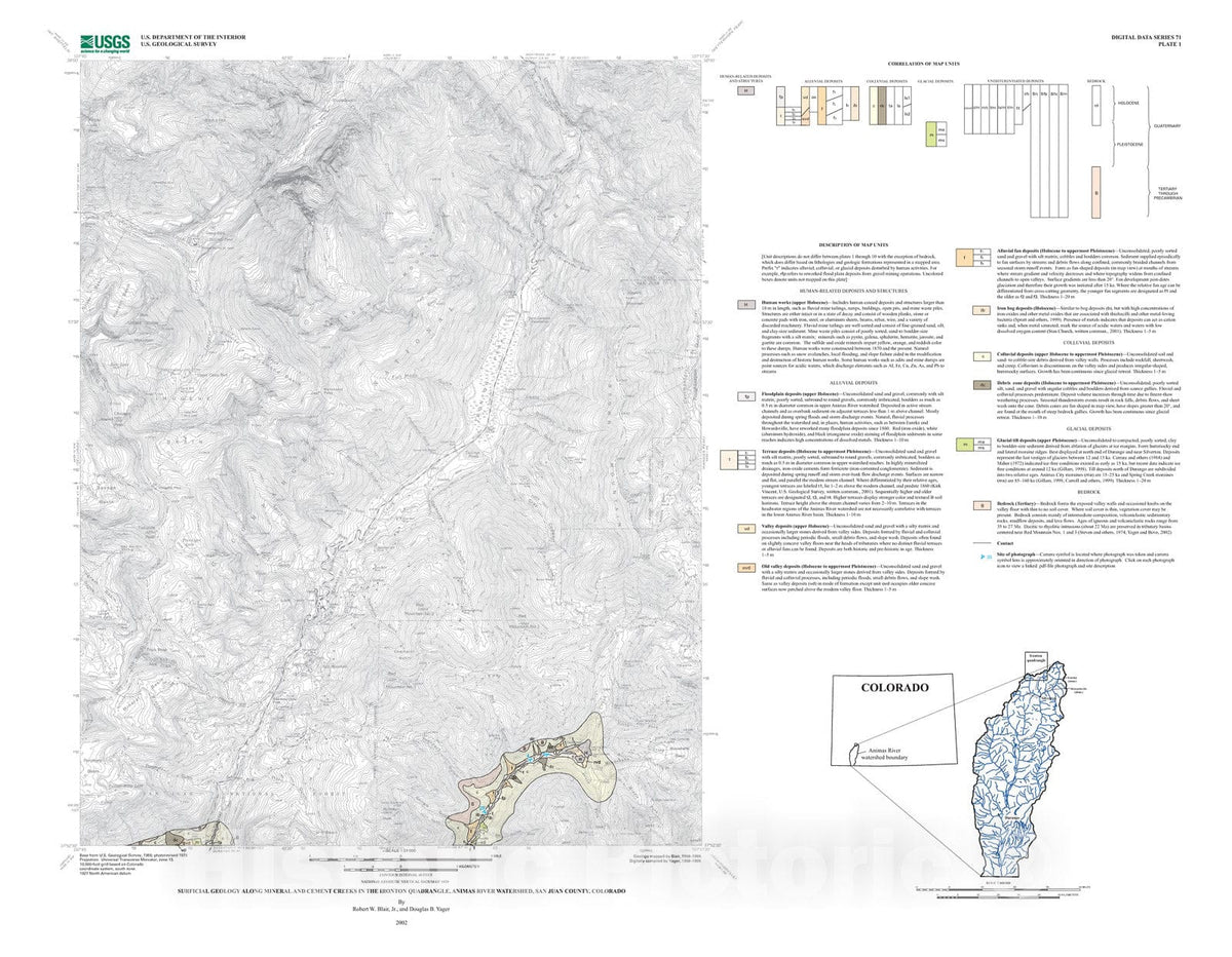 Map : Surficial geologic maps along the riparian zone of the Animas River and its headwater tributaries, Silverton to Durango, Colorado,, 2002 Cartography Wall Art :