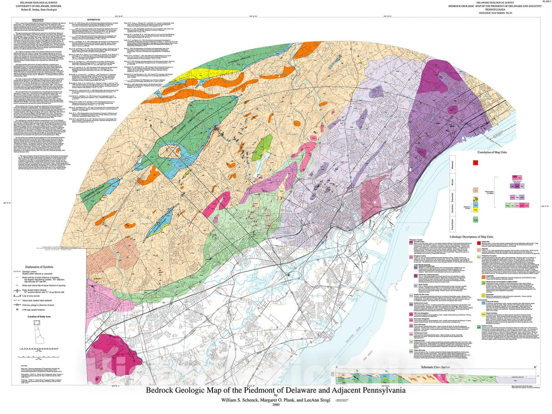 Map : Geologic map of the Piedmont of Delaware and adjacent Pennsylvania, 2000 Cartography Wall Art :