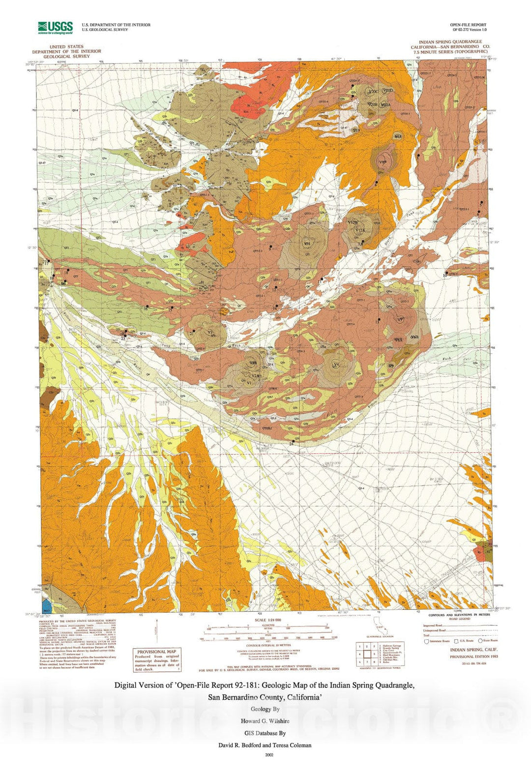 Map : Digital version of "Open-File Report 92-181: geologic map of the Indian Spring quadrangle, San Bernardino County, California", 2002 Cartography Wall Art :