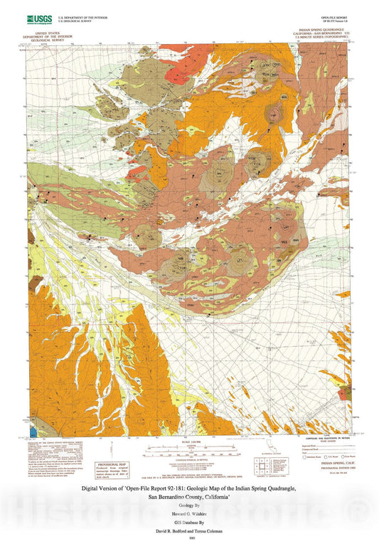 Map : Digital version of "Open-File Report 92-181: geologic map of the Indian Spring quadrangle, San Bernardino County, California", 2002 Cartography Wall Art :