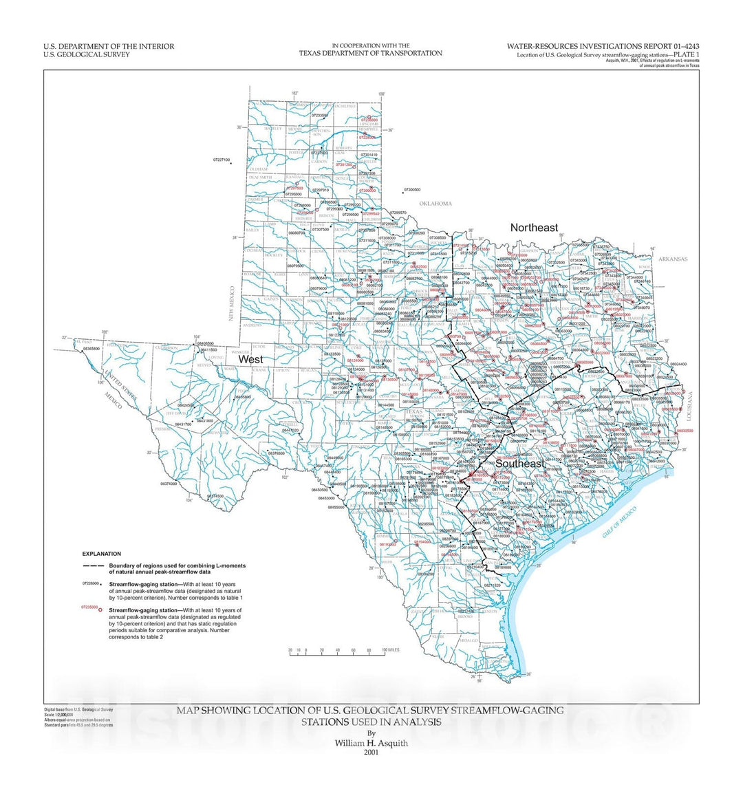 Map : Effects of regulation on L-moments of annual peak streamflow in Texas, 2001 Cartography Wall Art :