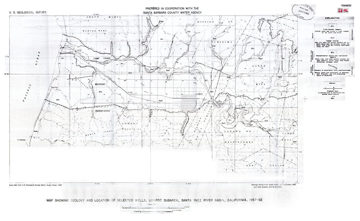Map : Hydrologic inventory of the Lompoc subarea, Santa Ynez River basin, Santa Barbara County, California, 1957-62, with a section on perennial supply, 1966 Cartography Wall Art :