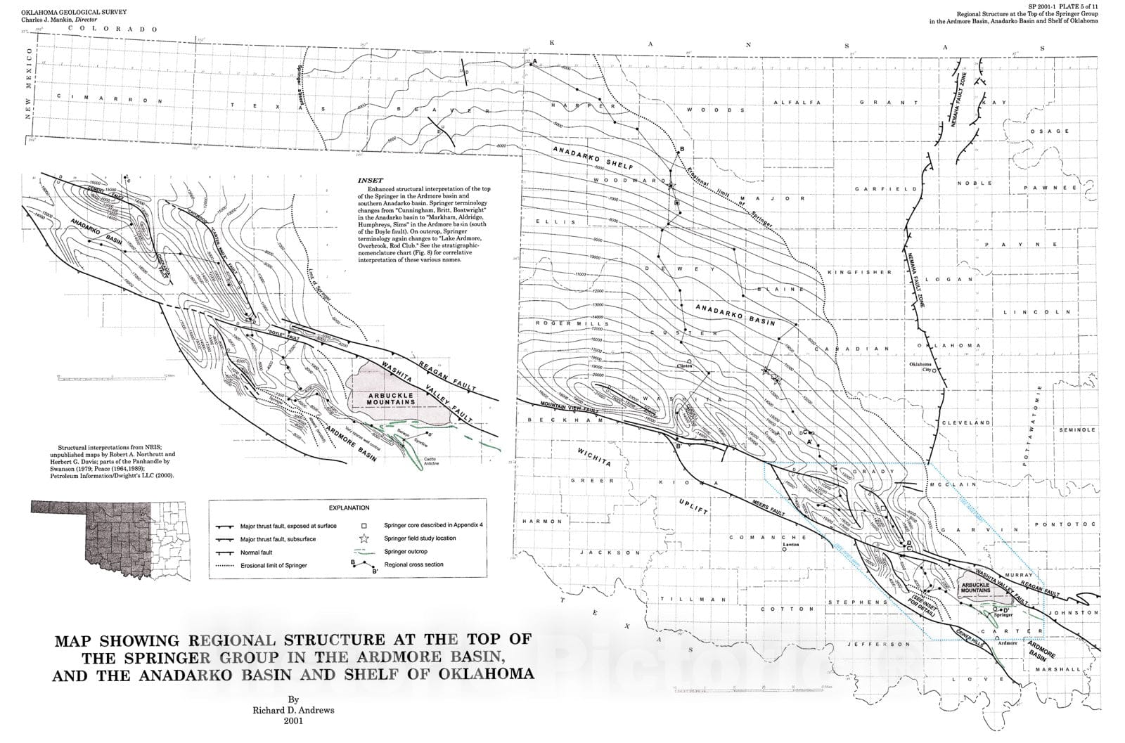 Map : Plate 5. Map showing regional structure at the top of the Springer Group in the Ardmore Basin and the Anadarko basin and shelf of Oklahoma, 2001 Cartography Wall Art :