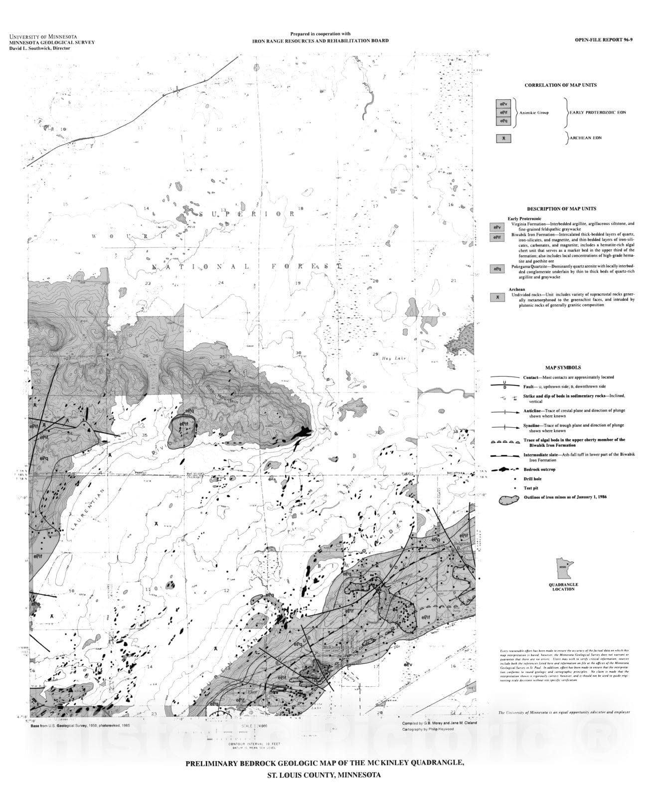 Map : Preliminary bedrock geologic map of the McKinley quadrangle, St. Louis County, Minnesota, 1996 Cartography Wall Art :