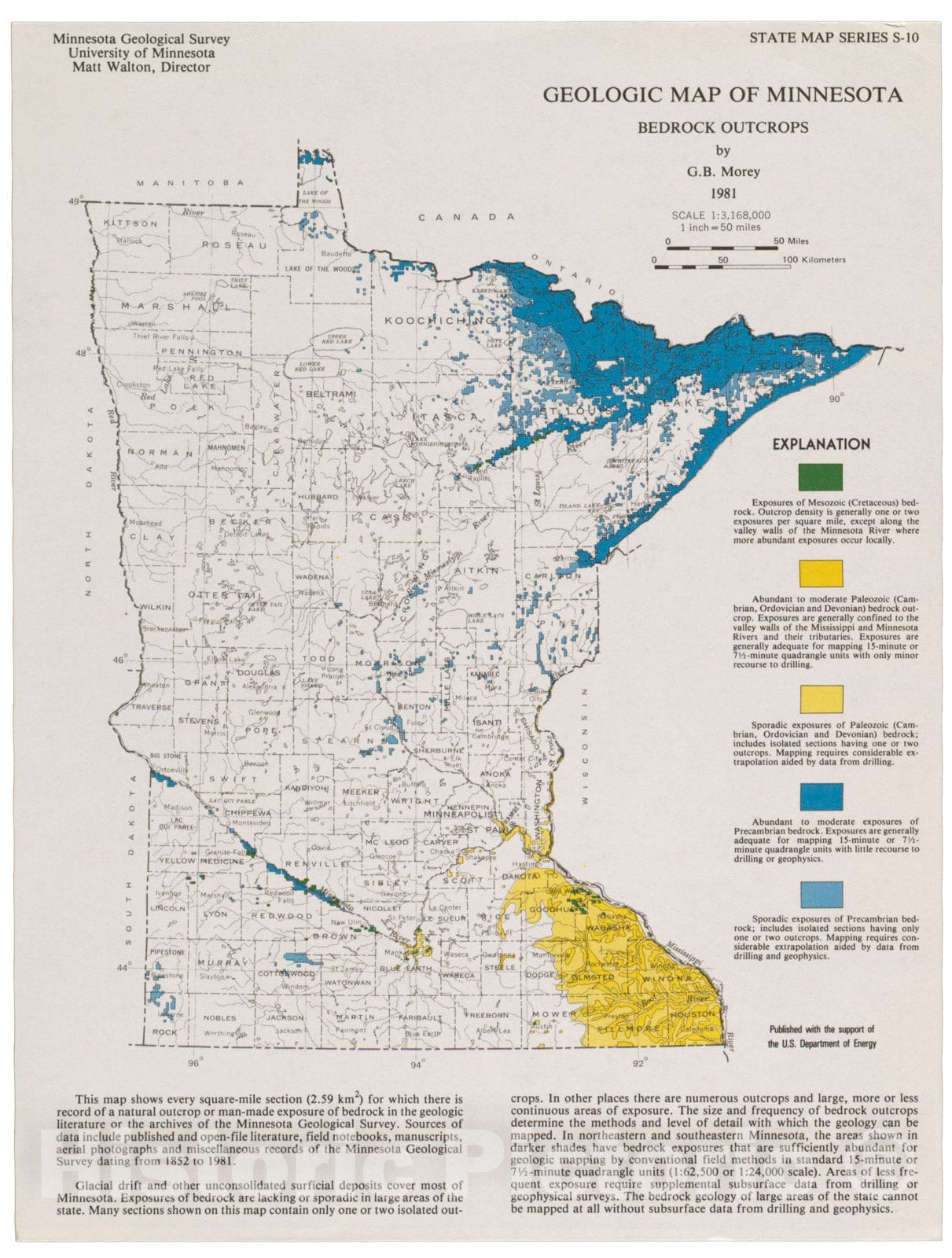 Map : Geologic map of Minnesota, bedrock outcrops, 1982 Cartography Wall Art :