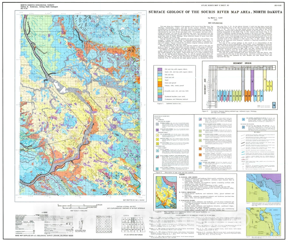 Map : Surface Geology of the Souris River Map Area, North Dakota, 1988 Cartography Wall Art :