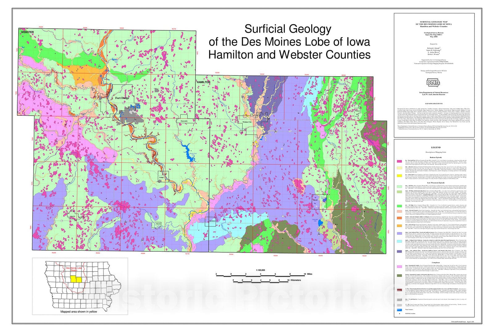 Map : Overview of the Surficial Geologic Map of the Des Moines Lobe of Iowa, Phase 2: Hamilton and Webster counties, 2000 Cartography Wall Art :