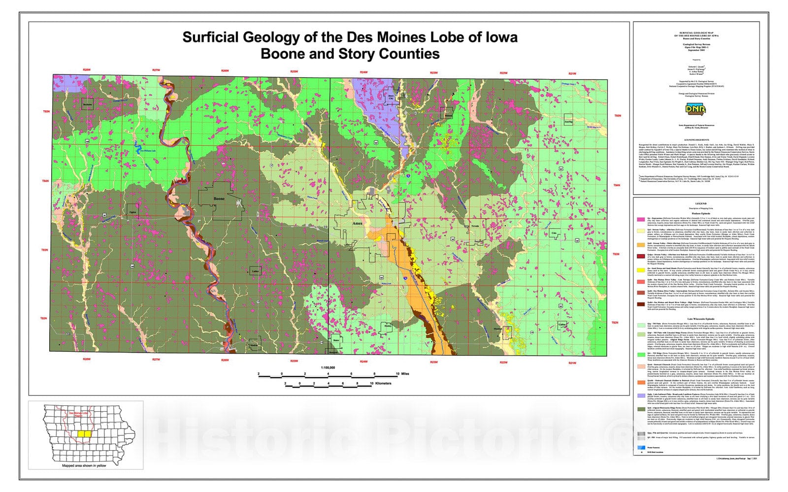 Map : Overview of the Surficial Geologic Map of the Des Moines Lobe of Iowa, Phase 3: Boone and Story counties, 2001 Cartography Wall Art :