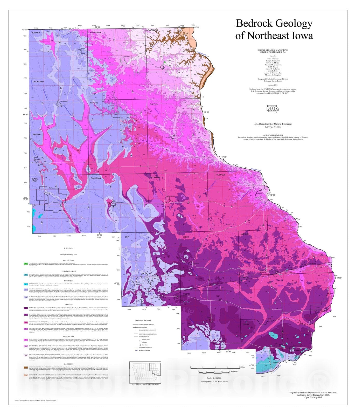 Map : Bedrock geology of northeast Iowa, 1998 Cartography Wall Art :