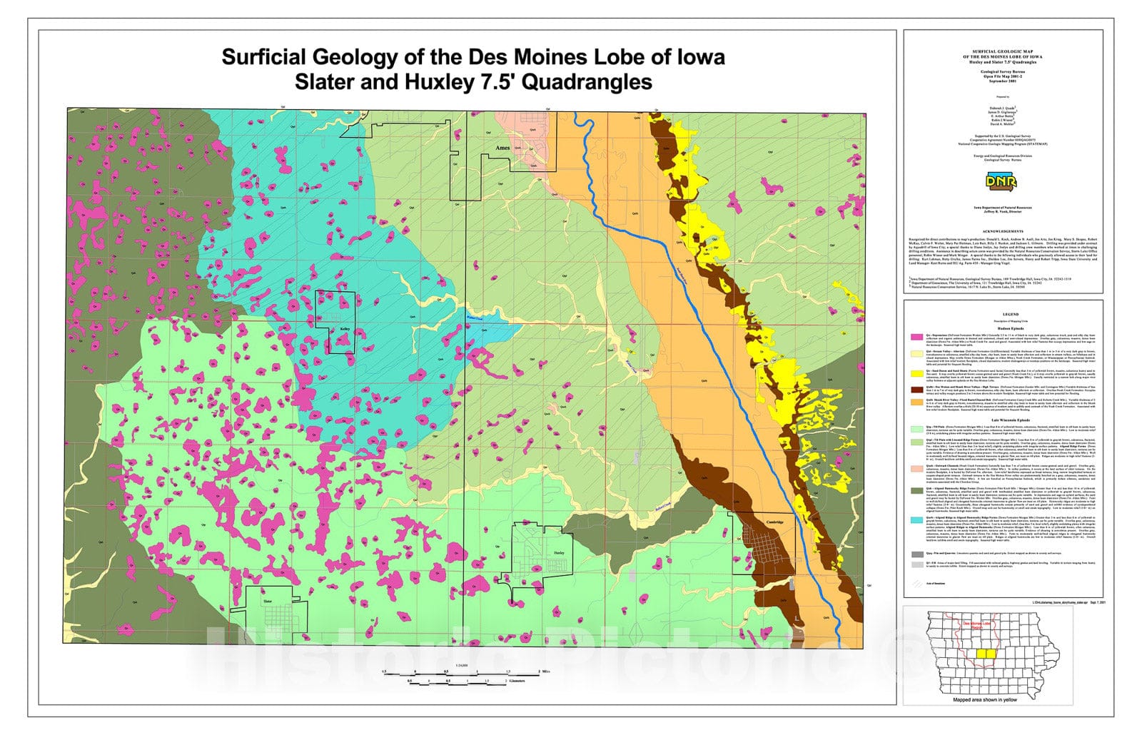 Map : Overview of the surficial geologic map of the Des Moines lobe of Iowa, phase 3: Huxley and Slater 7.5' quadrangles, 2001 Cartography Wall Art :
