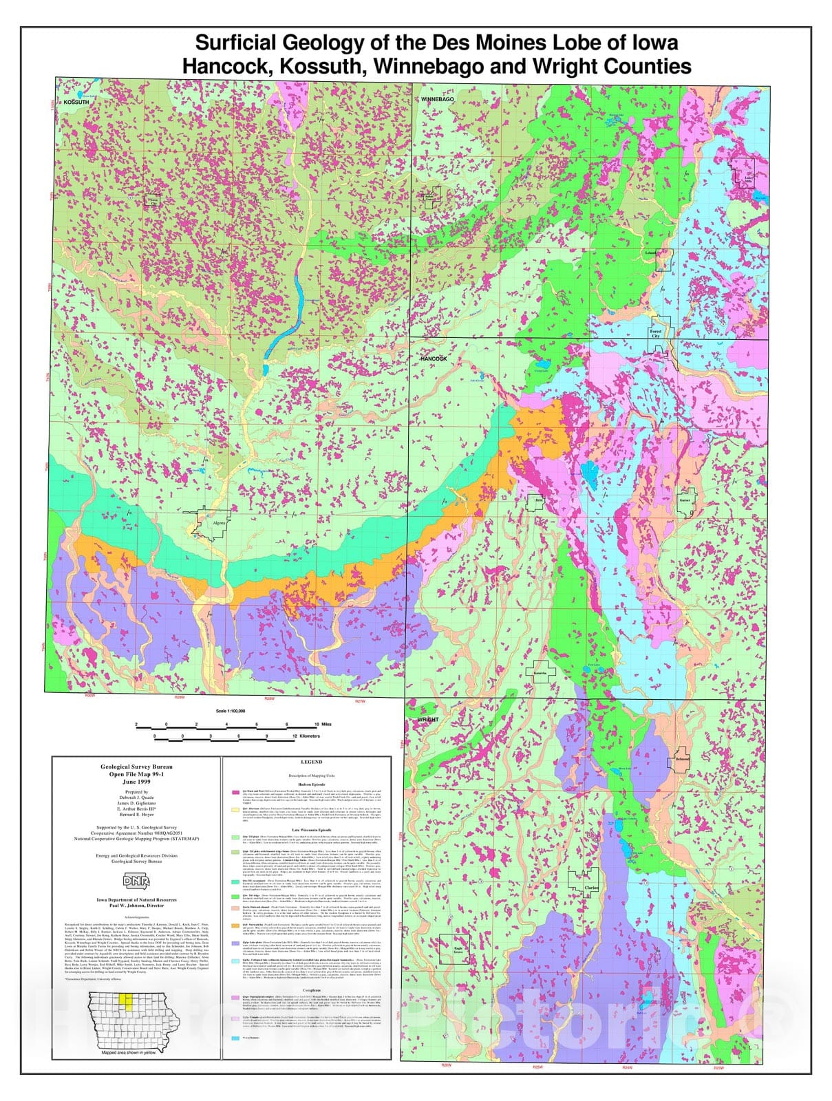 Map : Overview of the surficial geologic map of the Des Moines lobe of Iowa, phase 1: Hancock, Kossuth, Winnebago, and Wright counties, 1999 Cartography Wall Art :