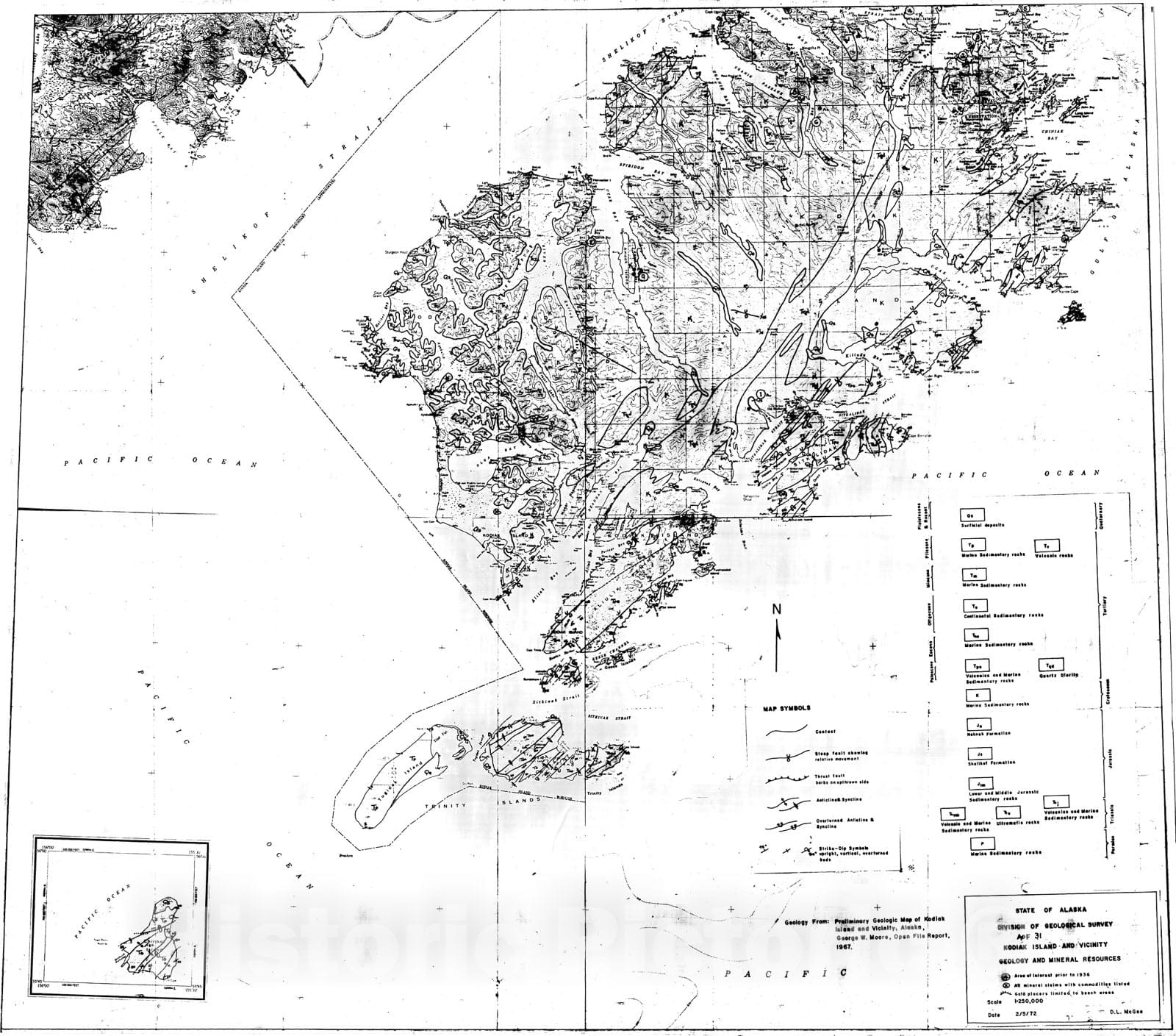 Map : Geology and mineral resources of Kodiak Island and vicinity, 1973 Cartography Wall Art :