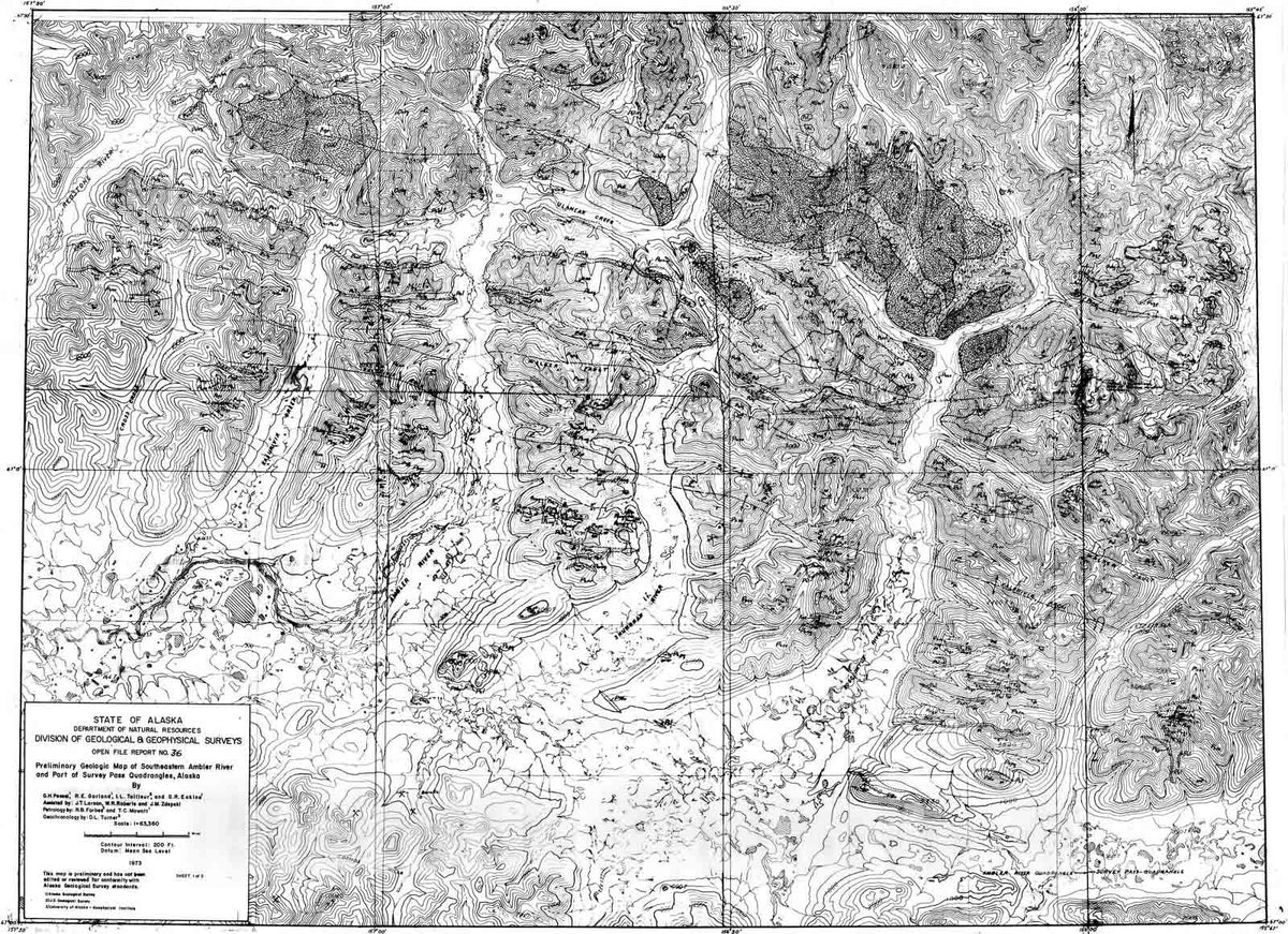Map : Preliminary geologic map of southeast Ambler River and part of Survey Pass Quadrangles, 1975 Cartography Wall Art :