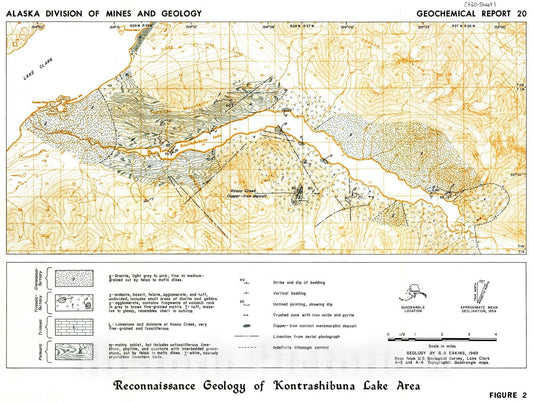 Map : Geology and geochemistry at Kontrashibuna Lake, Lake Clark region, southwestern Alaska, 1970 Cartography Wall Art :