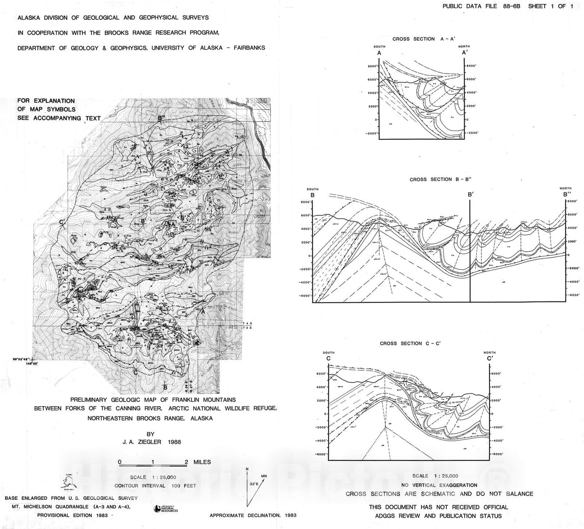 Map : Preliminary geologic map of Franklin Mountains between forks of the Canning River, Arctic National Wildlife Refuge, northeastern Brooks Range, Alaska, 1988 Cartography Wall Art :