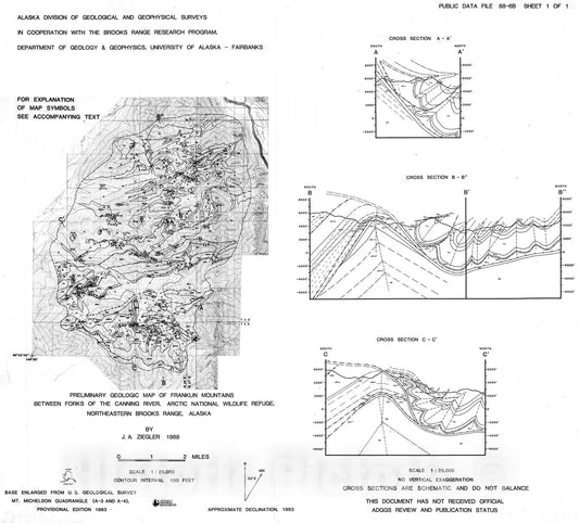 Map : Preliminary geologic map of Franklin Mountains between forks of the Canning River, Arctic National Wildlife Refuge, northeastern Brooks Range, Alaska, 1988 Cartography Wall Art :