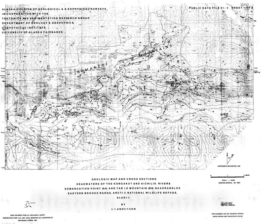 Map : Geologic map and cross-sections: headwaters of the Kongakut and Aichilik Rivers, Demarcation Point (A-4) and Table Mountain (D-4), 1991 Cartography Wall Art :