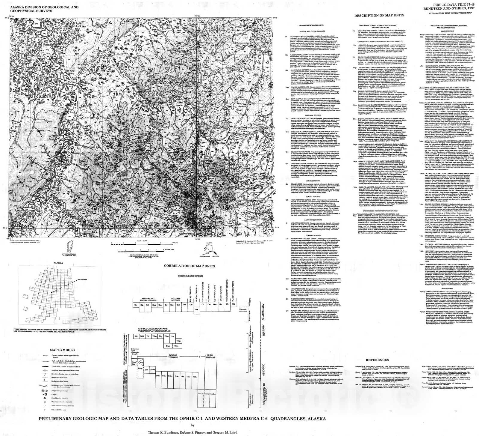 Map : Preliminary geologic map and data tables of the Ophir C-1 and western Medfra C-6 Quadrangles, Alaska, 1997 Cartography Wall Art :