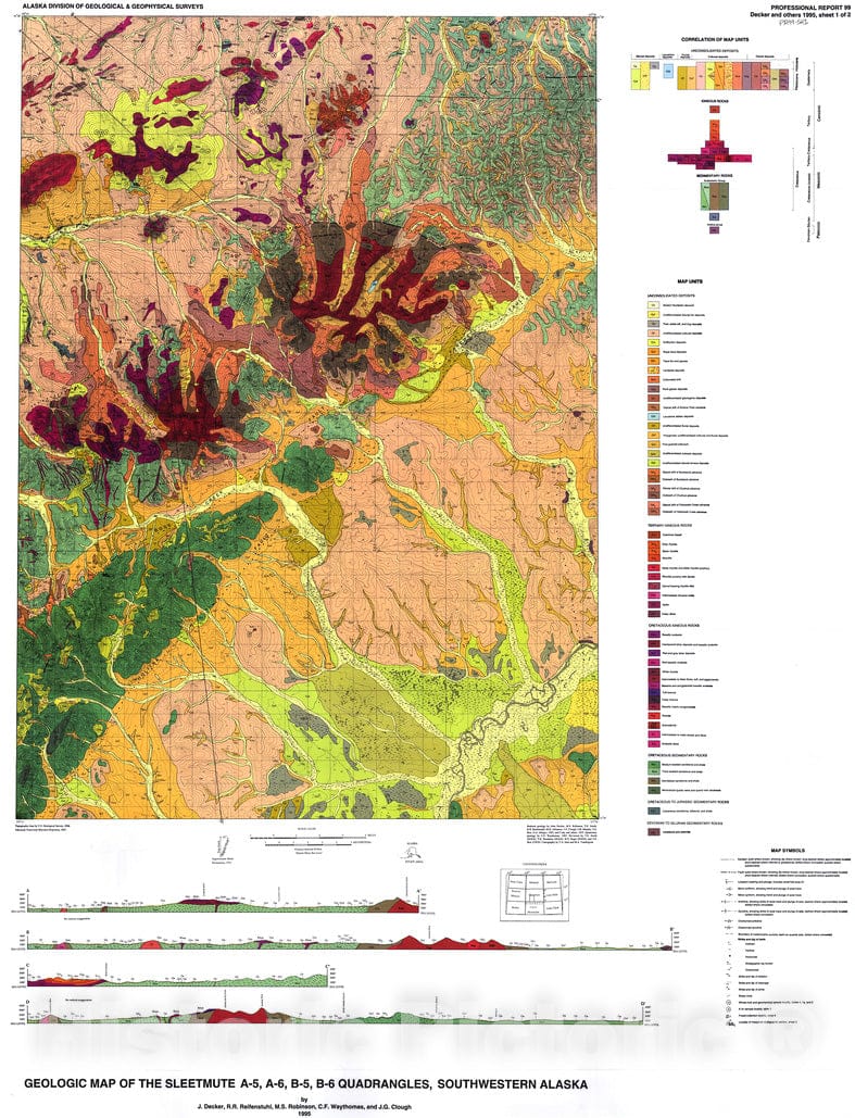 Map : Geology of the Sleetmute A-5, A-6, B-5, and B-6 Quadrangles, southwestern Alaska, 1995 Cartography Wall Art :