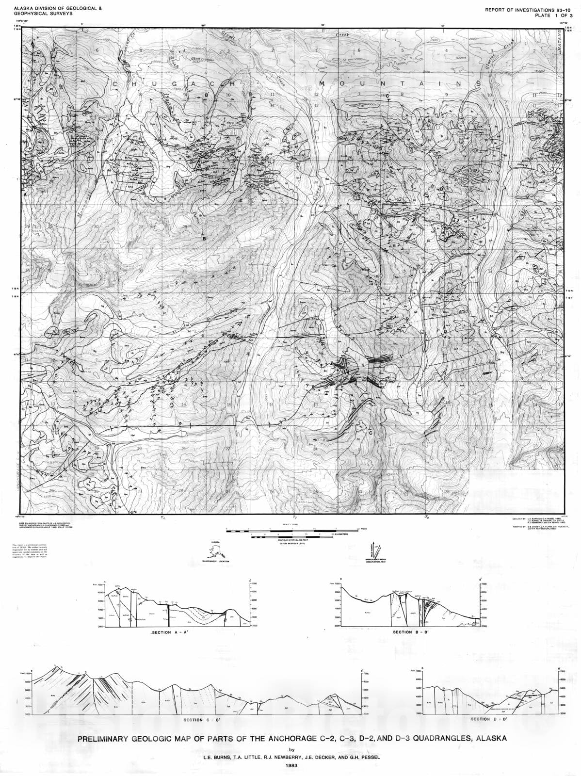 Map : Preliminary geologic map of parts of the Anchorage C-2, C-3, D-2, and D-3 Quadrangles, 1983 Cartography Wall Art :