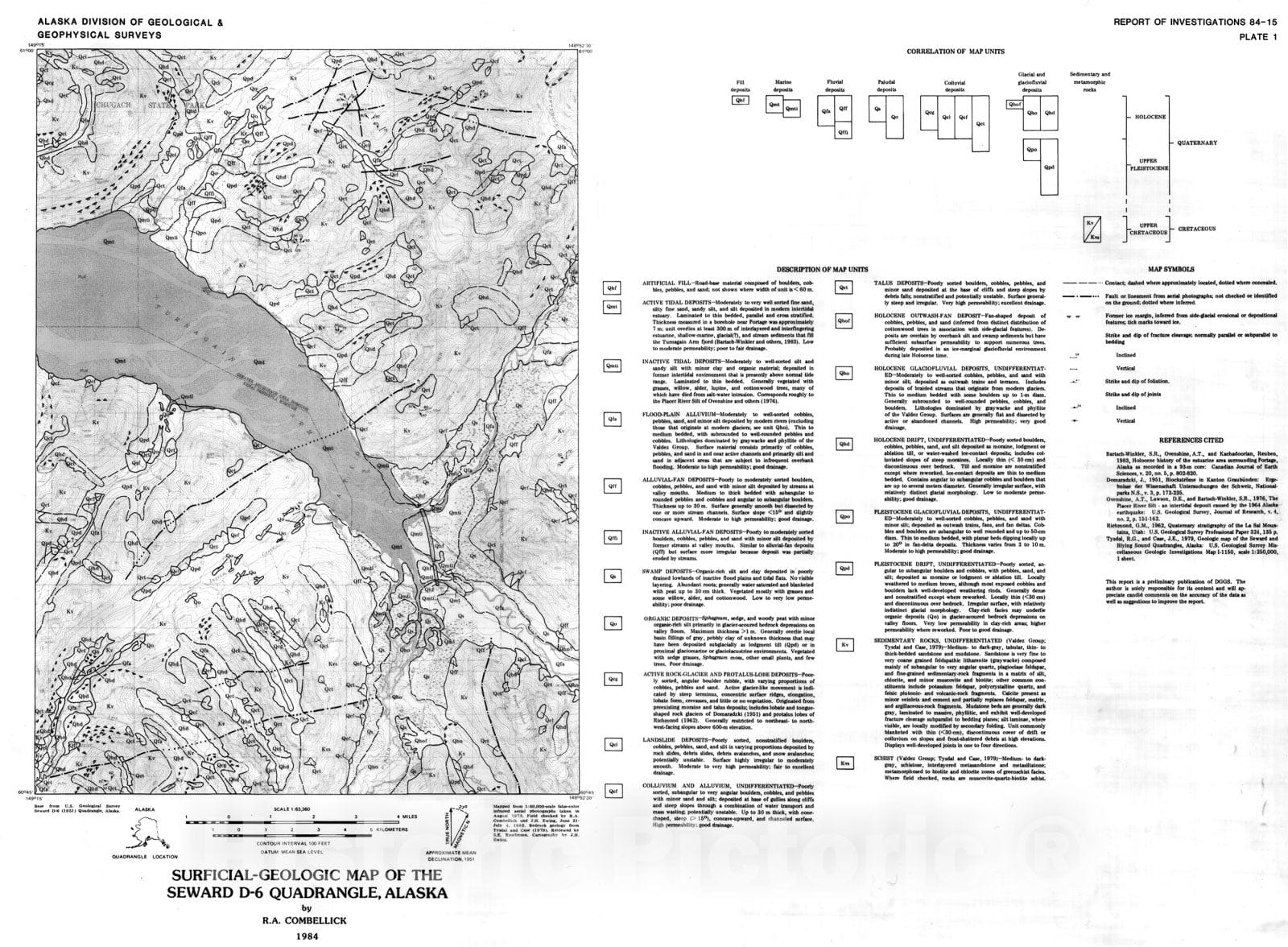 Map : Surficial geologic map of the Seward D-6 Quadrangle, 1984 Cartography Wall Art :