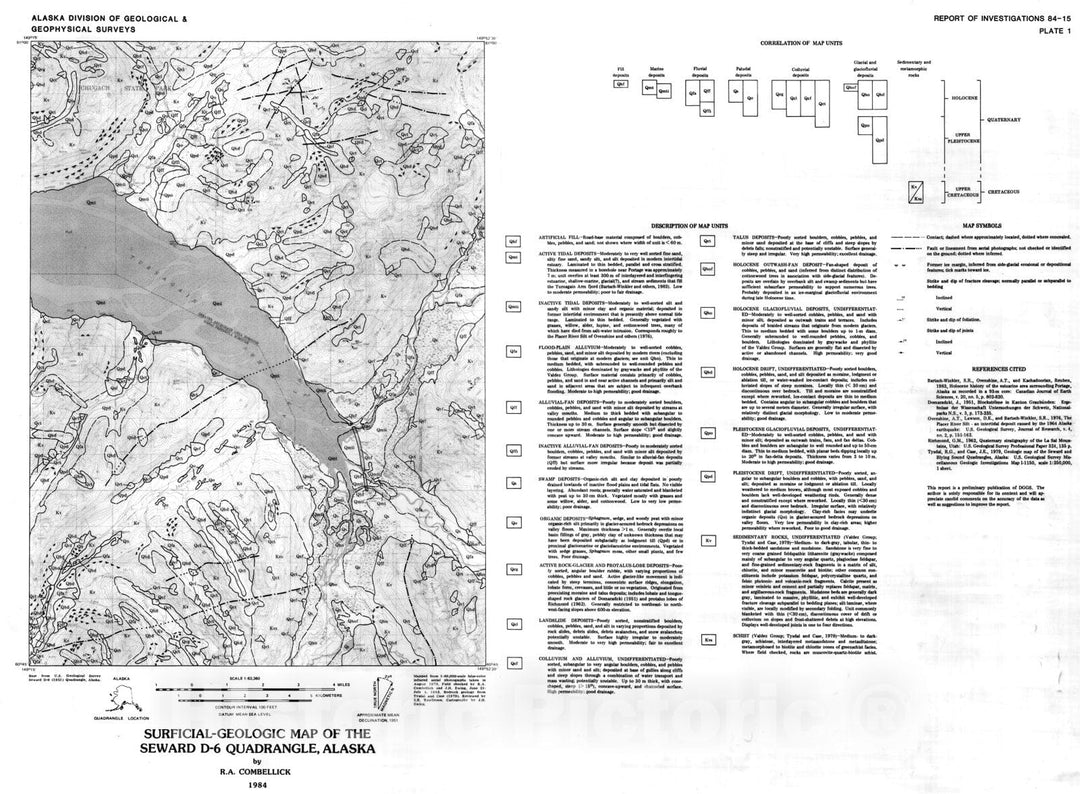 Map : Surficial geologic map of the Seward D-6 Quadrangle, 1984 Cartography Wall Art :