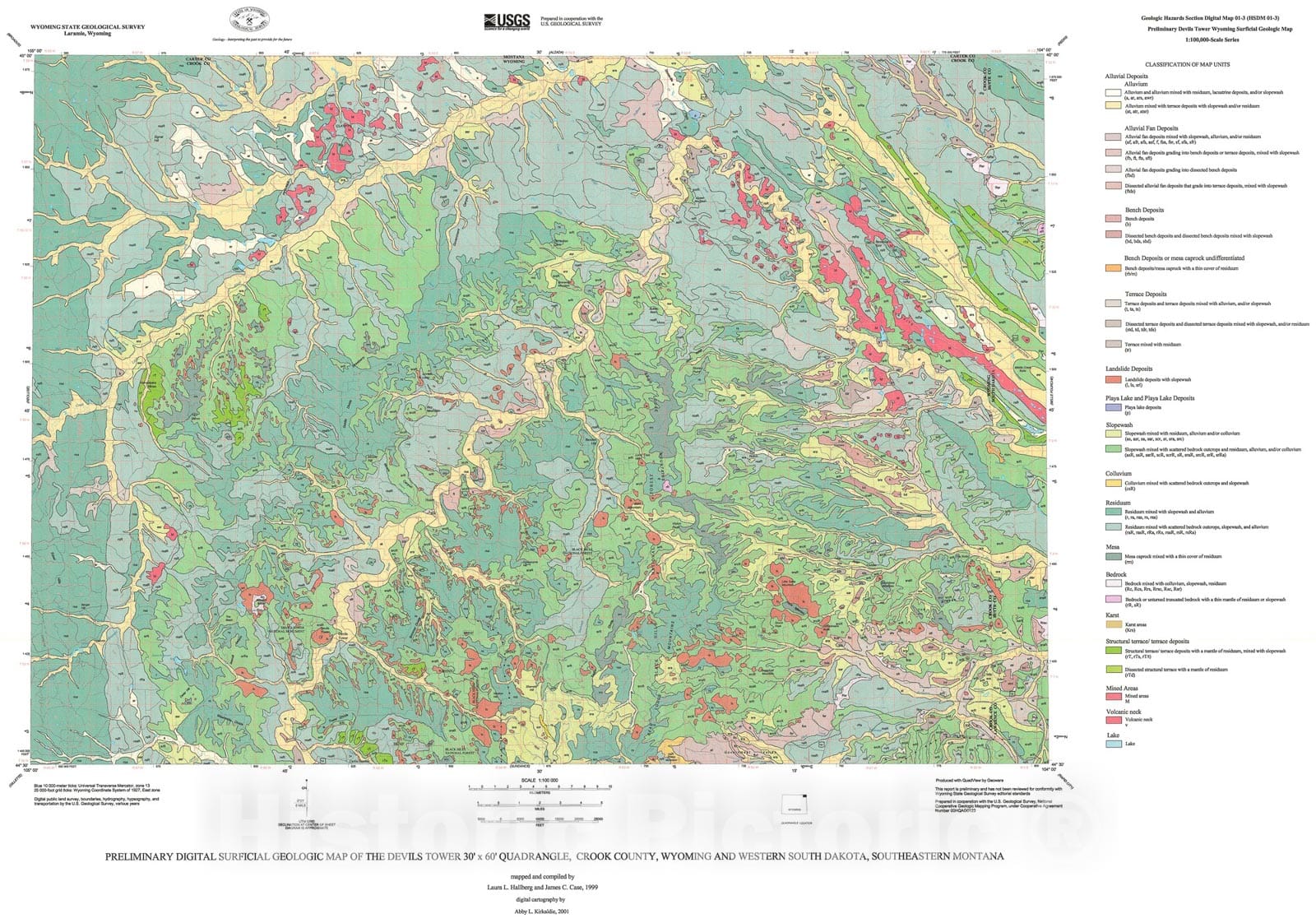Map : Preliminary digital surficial geologic map of the Devils Tower thirty minute x sixty minute Quadrangle, Crook County, Wyoming, western , 2001 Cartography Wall Art :