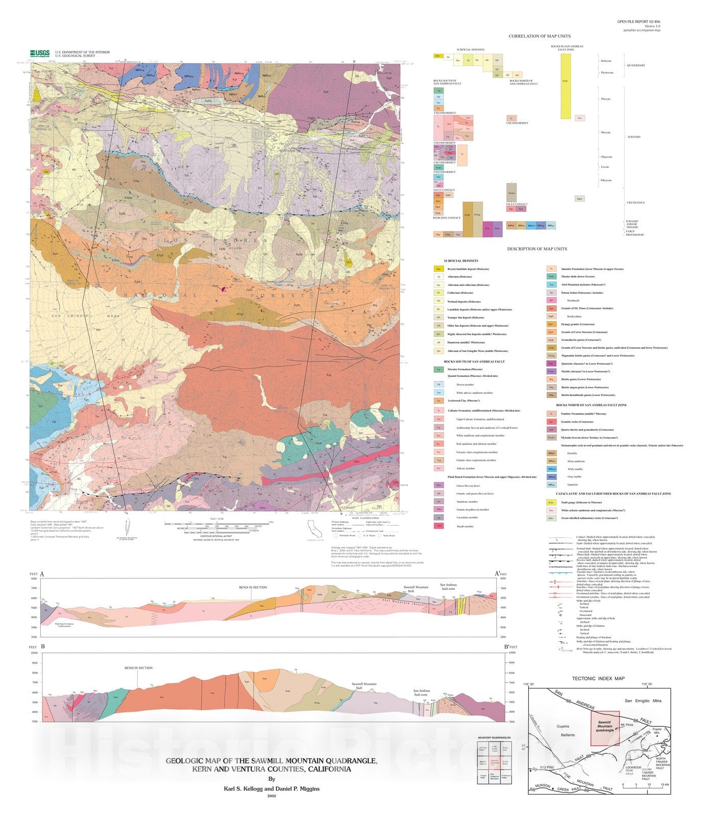 Map : Geologic map of the Sawmill Mountain quadrangle, Kern and Ventura Counties, California, 2002 Cartography Wall Art :