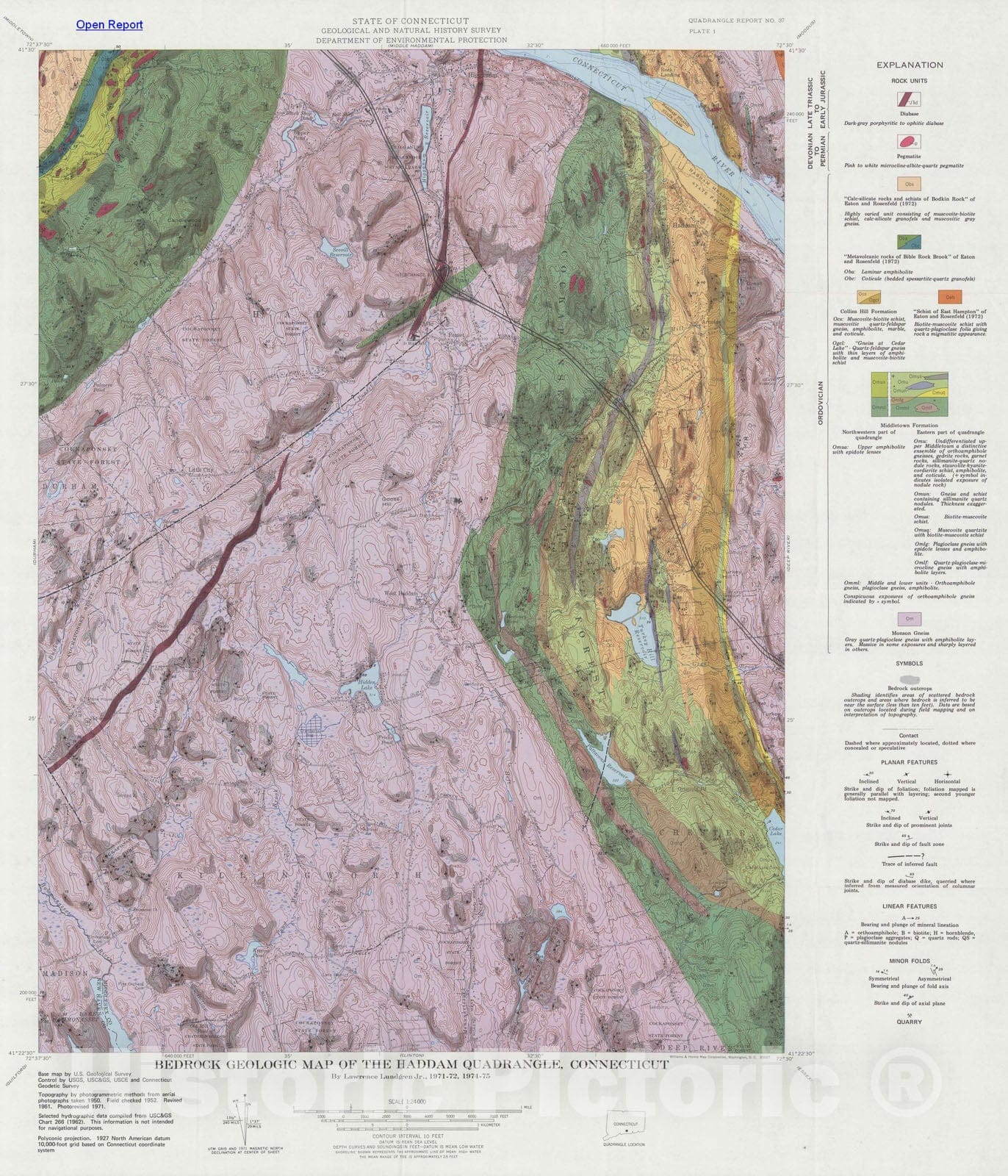 Map : The bedrock geology of the Haddam quadrangle with map, 1979 Cartography Wall Art :