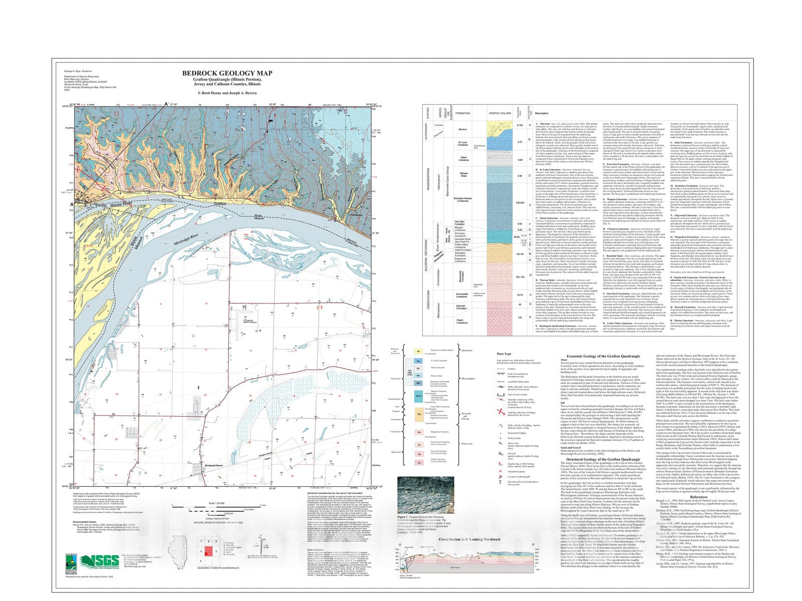 Map : Bedrock geology map Grafton Quadrangle (Illinois portion), Jersey and Calhoun Counties, Illinois, 2002 Cartography Wall Art :