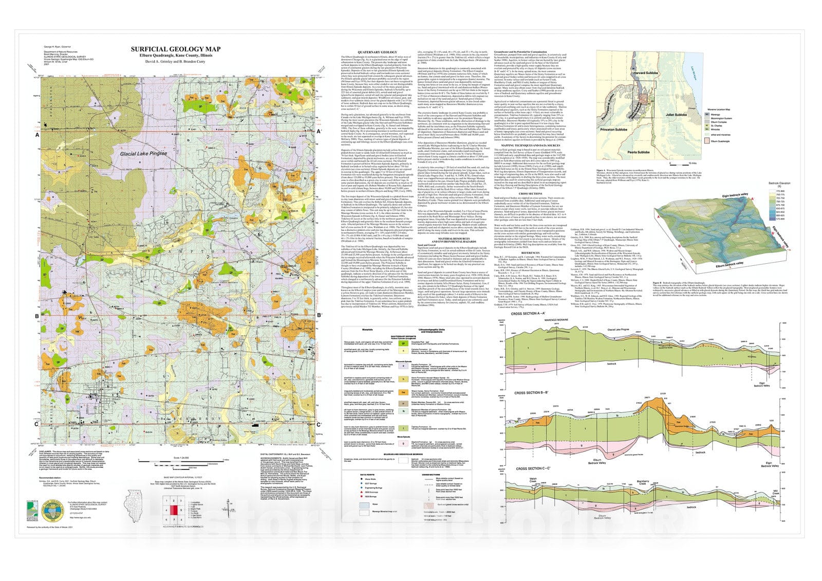 Map : Surficial geology map Elburn Quadrangle, Kane County, Illinois, 2001 Cartography Wall Art :