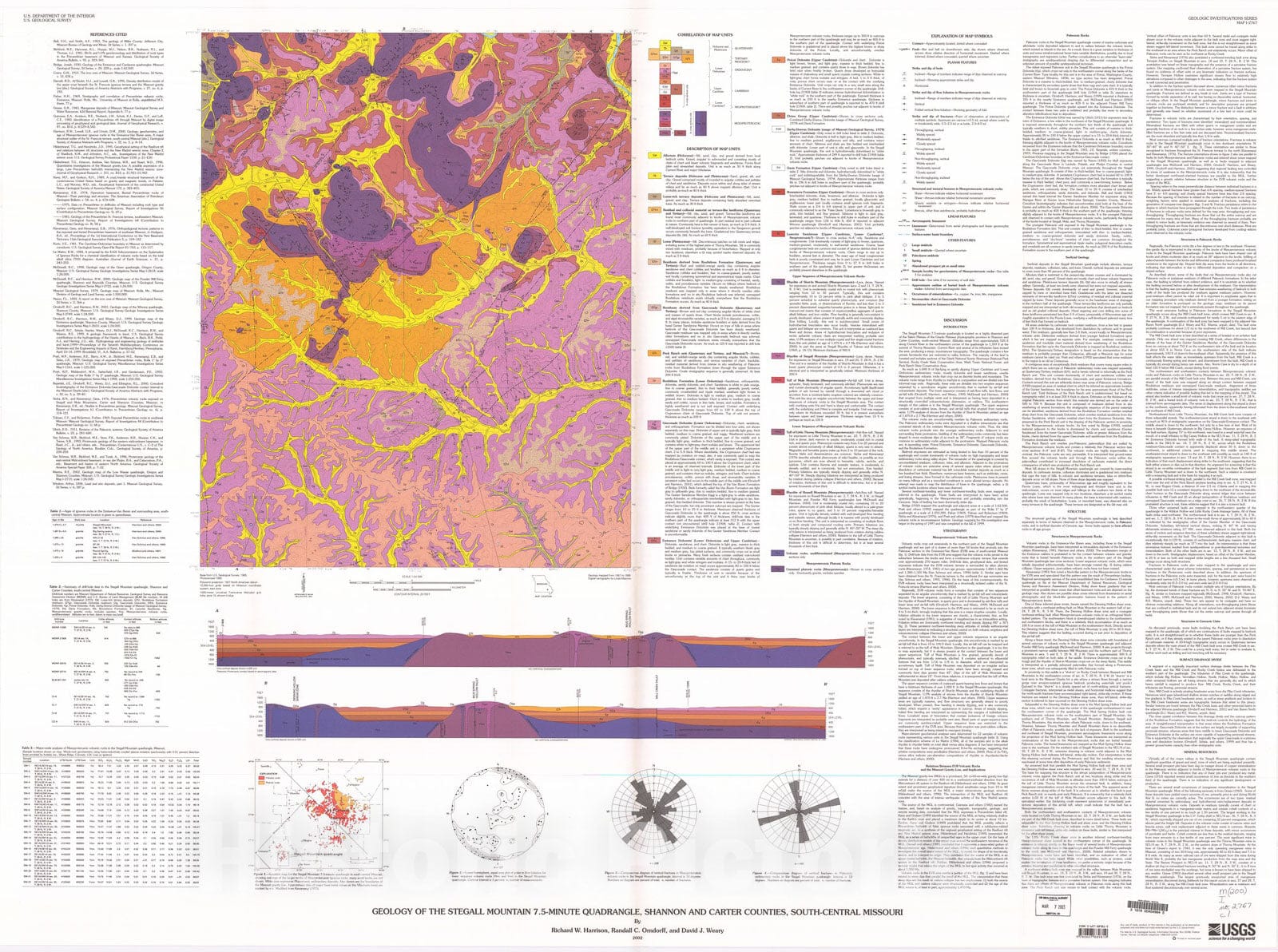 Map : Geology of the Stegall Mountain 7.5-minute quadrangle, Shannon and Carter Counties, south-central Missouri, 2002 Cartography Wall Art :