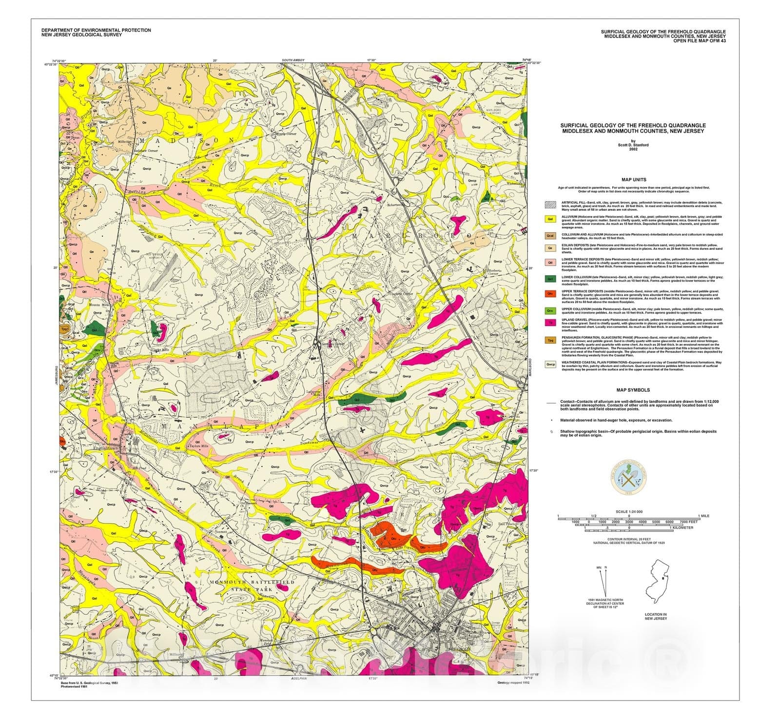 Map : Surficial geology of the Freehold quadrangle, Middlesex and Monmouth counties, New Jersey, 2002 Cartography Wall Art :