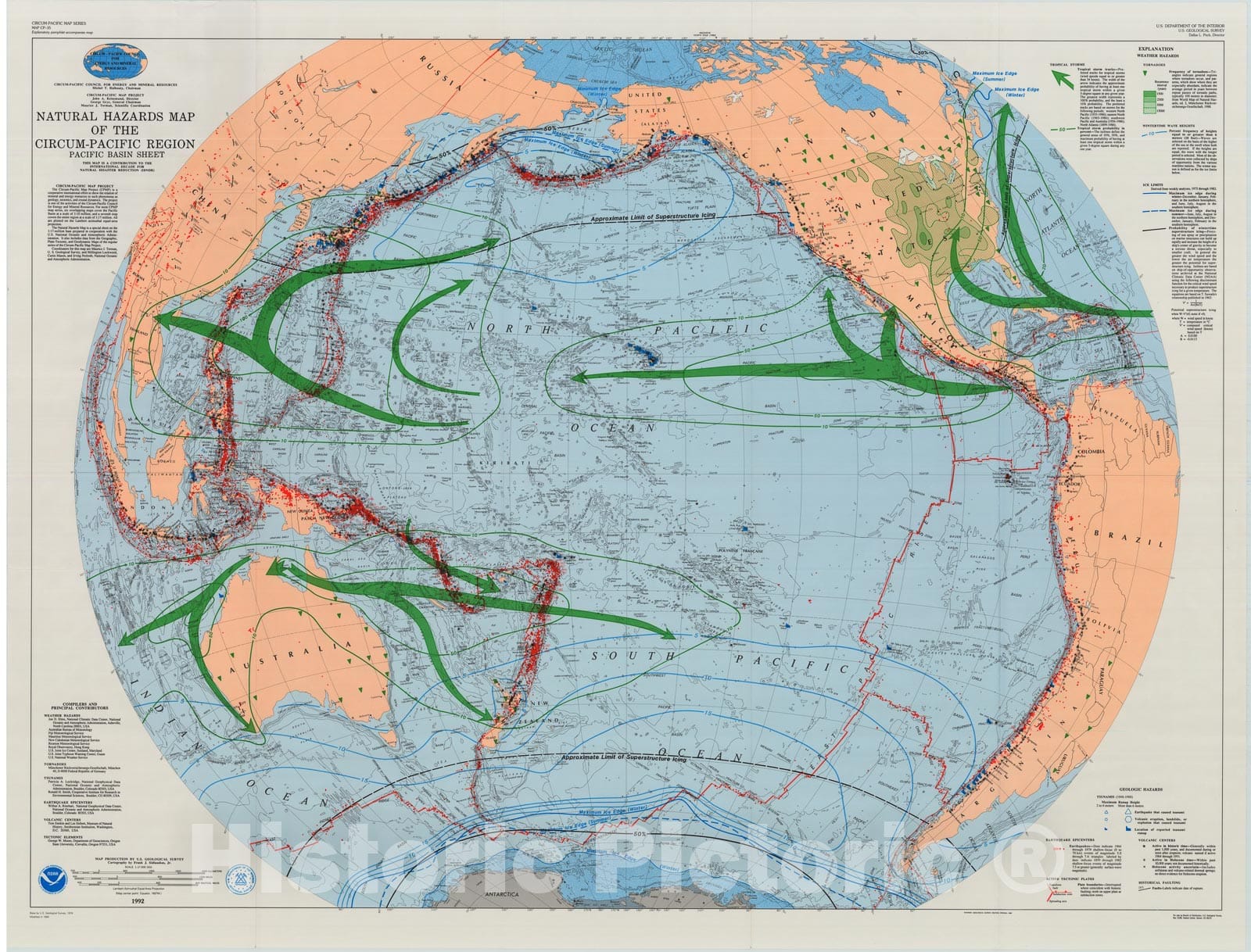 Map : Natural hazards map of the Circum-Pacific Region, Pacific Basin Sheet, 1990 Cartography Wall Art :