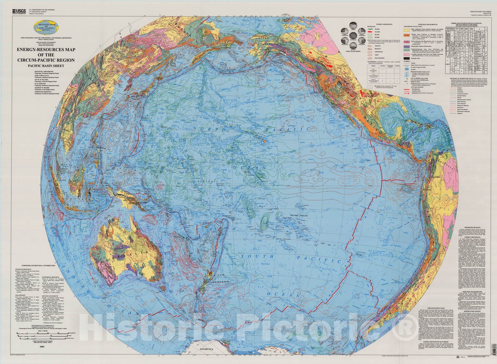 Map : Energy-resources map of the Circum-Pacific region, Pacific Basin sheet, 2000 Cartography Wall Art :