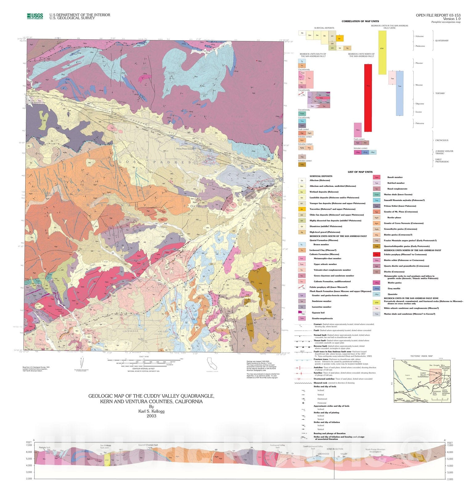 Map : Geologic map of the Cuddy Valley quadrangle, Kern and Ventura Counties, California, 2003 Cartography Wall Art :