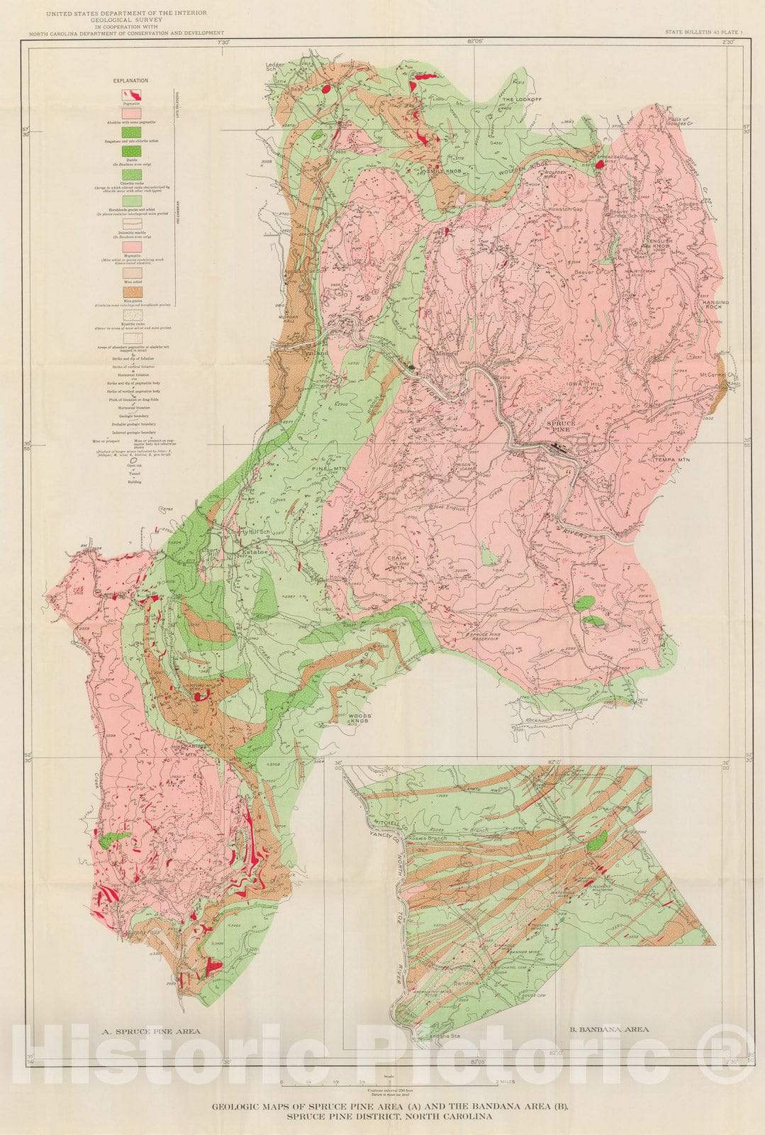 Map : Geologic maps of the Spruce Pine area and the Bandana area, Spruce Pine District, North Carolina, 1944 Cartography Wall Art :